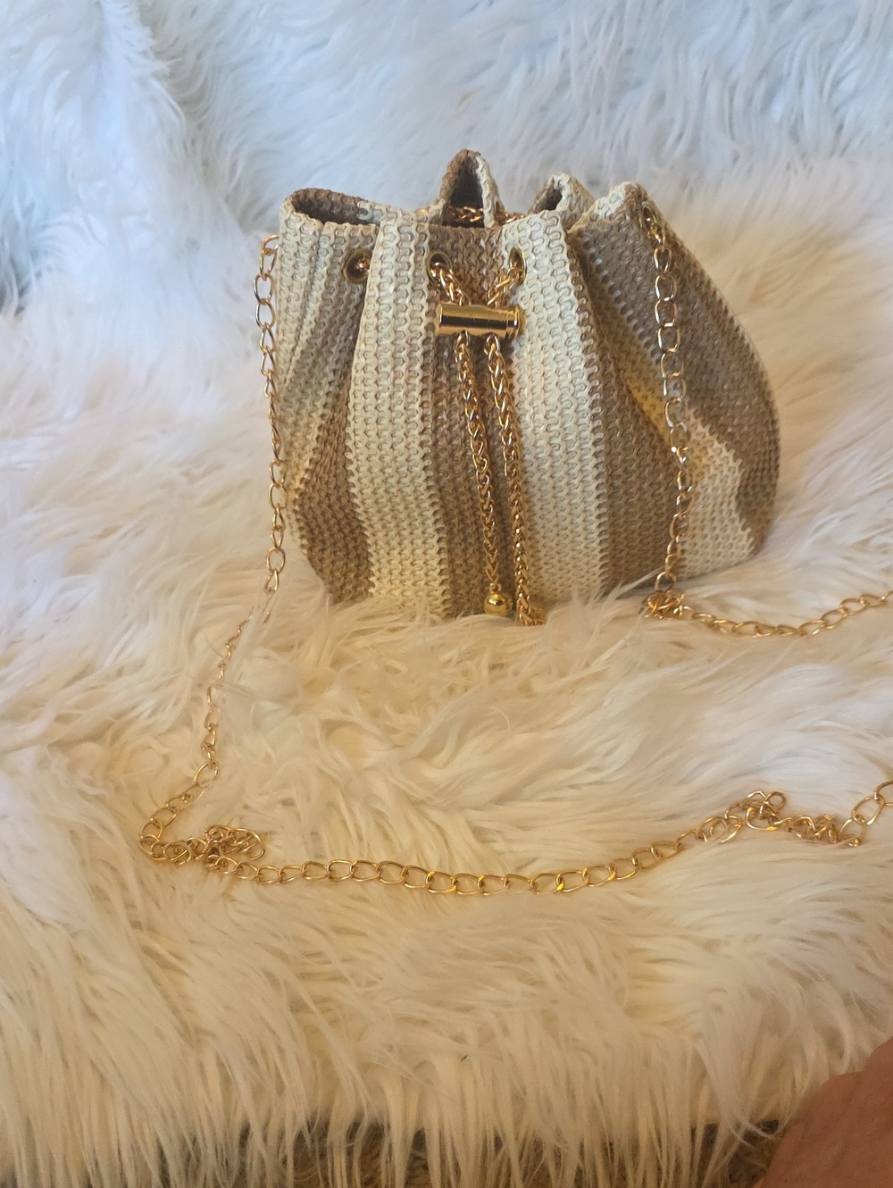 SHEIN Striped Woven Drawstring Crossbody Bag - Beige & Cream